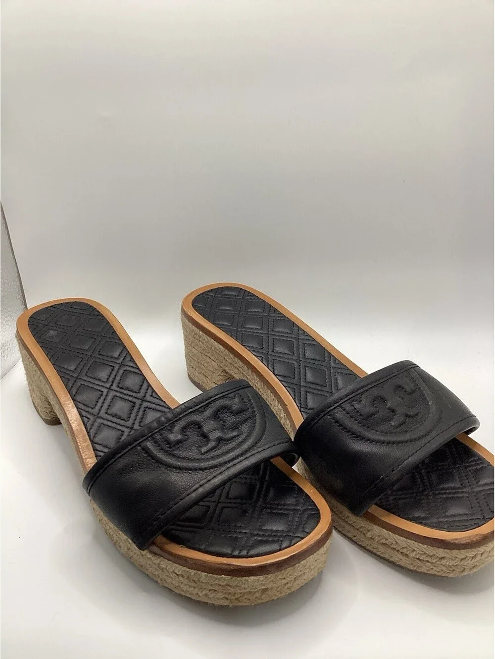 TORY BURCH Quilted Fleming Woven Wedge Espadrille Sandal Size 8.5 Black Leather
